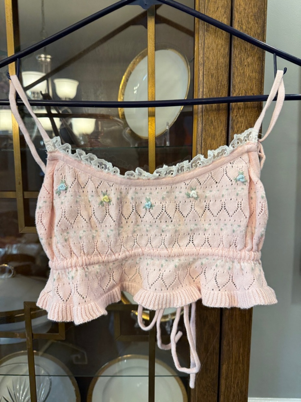 For Love And Lemons Pink Lace Cotton Knit Top